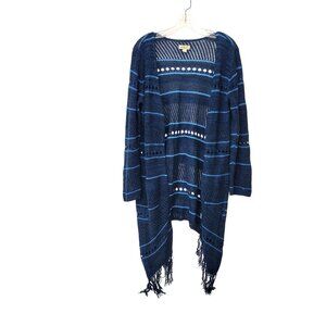 One World  Knit Cardigan With Fringe Hem Open Front Women's Medium Blue Stripes
